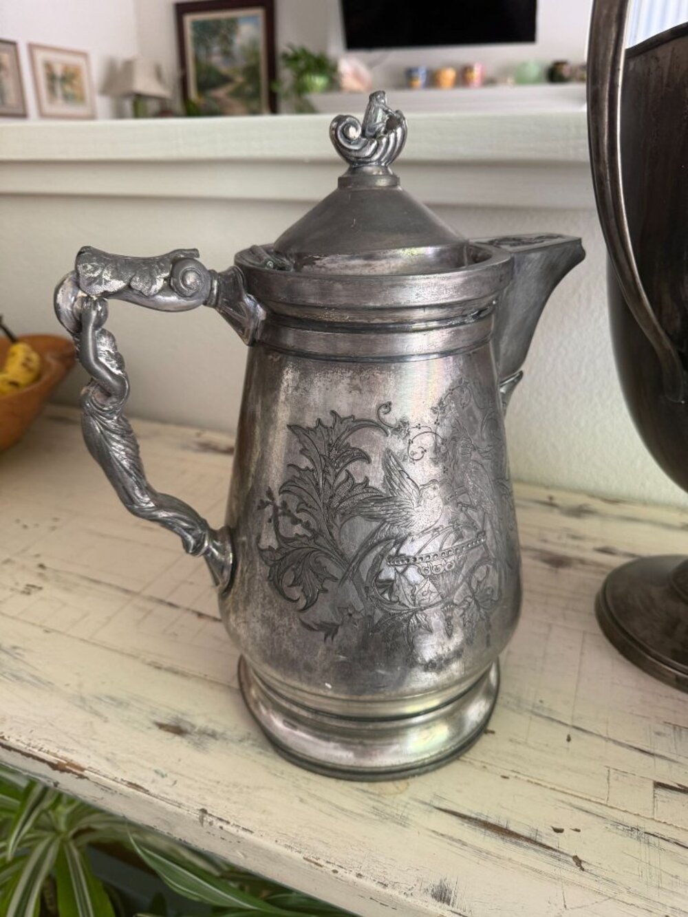 RARE Antique Victorian ~ Silver Plate Water Pitcher ~ Maiden Figural w Frog